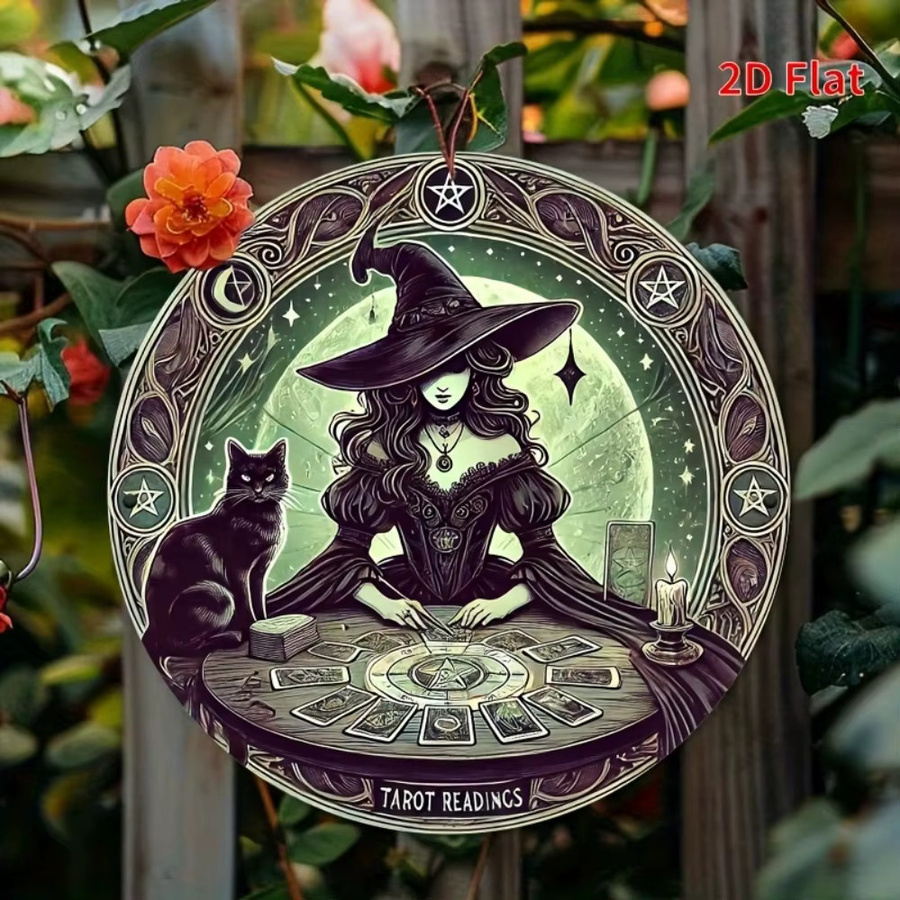 HELLOYOUNG Vintage Wanddeko aus Metall mit Tarot-Motiv, Hexen und Katzen, Rund, Durchmesser: 20 cm, Mehrfarbig - Bild 2