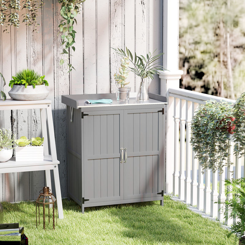 Outsunny Gartenschrank aus Holz und Edelstahl in Grau mit Klappdach und Ablagen, B/T/H: 74 x 43 x 88 cm - Bild 2