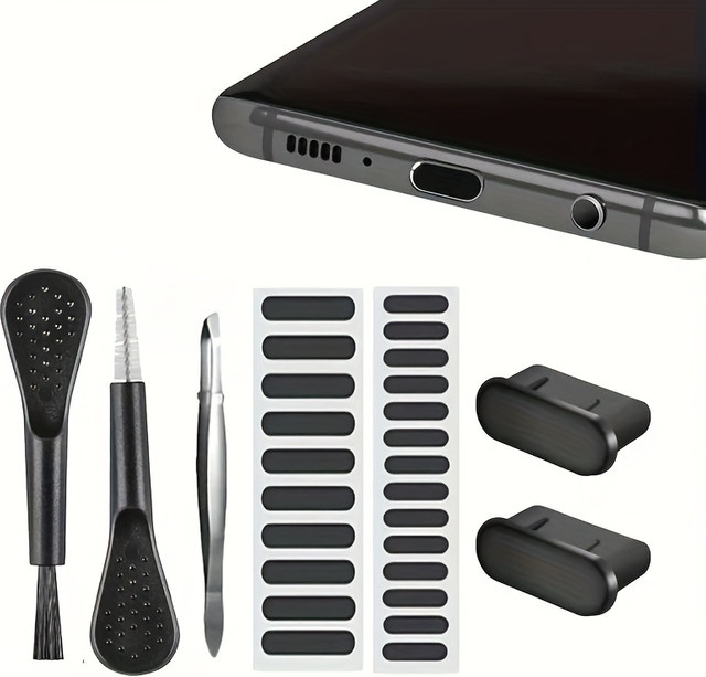 29-teiliges Universal-Telefonwartungsset in Schwarz mit USB-C Staubstopfen, Tastaturreiniger und Lautsprecher-Netzschutz für iPhone und Samsung - Bild 1