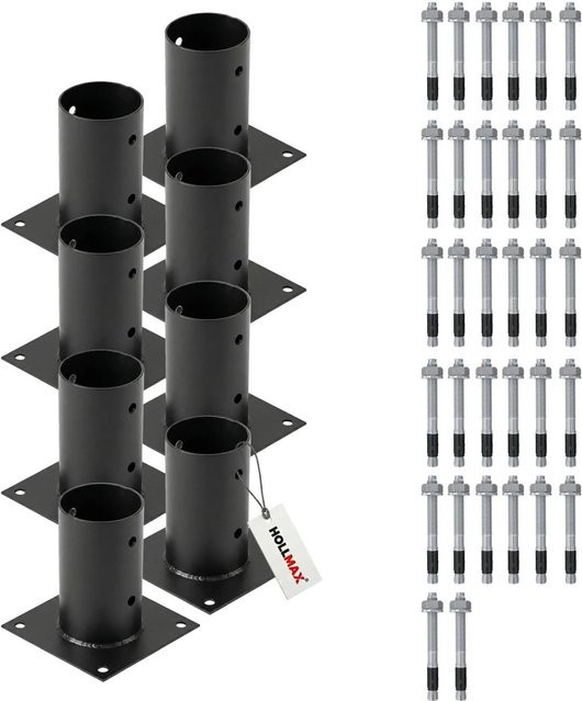 HOLLMAX Pfostenträger Set mit 8 Aufschraubhülsen 80 mm und Schwerlastankern für Rundholzpfosten, Schwarz matt pulverbeschichtet - Bild 1