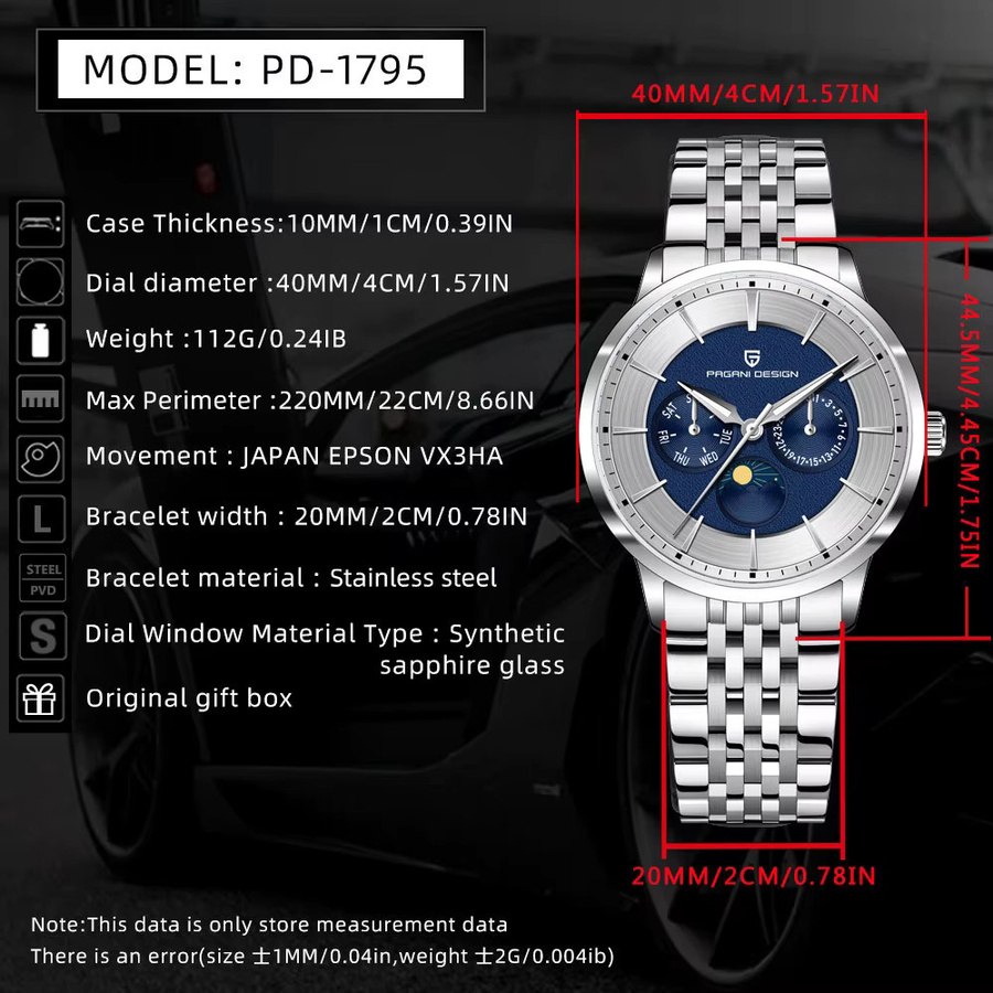 PAGANI DESIGN Armbanduhr, Quarz, Edelstahl, Blau, 40 mm, Herren - Bild 5