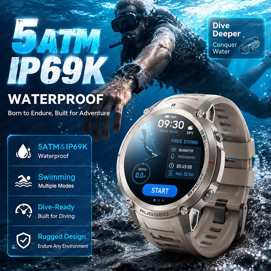 GUHUAVMI GPS-Navigations Smartwatch mit Offline-Karten, 1,43 Zoll AMOLED-Display, 5ATM wasserdichte Outdoor-Fitnessuhr für Männer, Schwarz - Bild 3