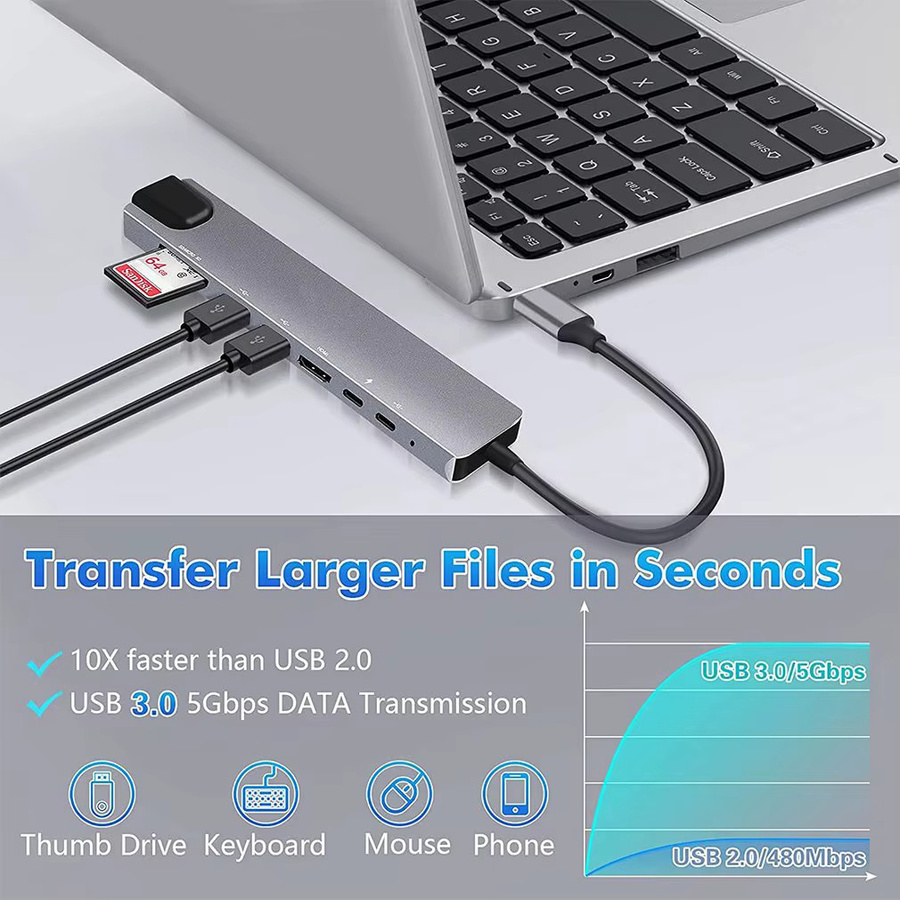 8-in-1 USB-C Docking Station Hub mit HDMI, RJ45 Ethernet, USB 3.0 und SD/TF Kartenleser in Schwarz - Bild 4