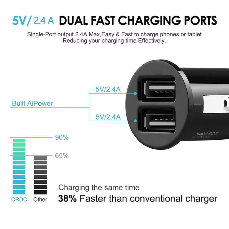 Dual USB Auto Ladegerät mit 2 Ports, 2,4 A, 5 V, Schwarz - Bild 3