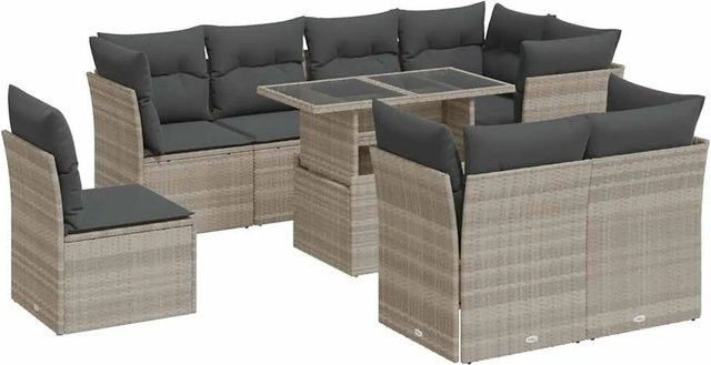vidaXL 9-tlg. Garten-Sofagarnitur aus Poly-Rattan mit Kissen in Hellgrau - Bild 1