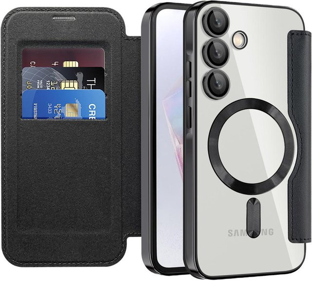 Luxus Flip Leder Kartenhalter Magnetische Handyhülle für Samsung Galaxy S26 S25 S24 S23 S22 Ultra Plus A55 A35 mit transparenter Brieftaschenabdeckung in Schwarz - Bild 1