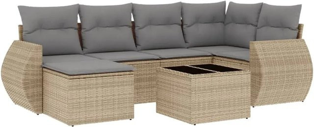 vidaXL 7-teilige Garten-Sofagarnitur in L-Form aus Poly-Rattan mit Kissen in Beige - Bild 1