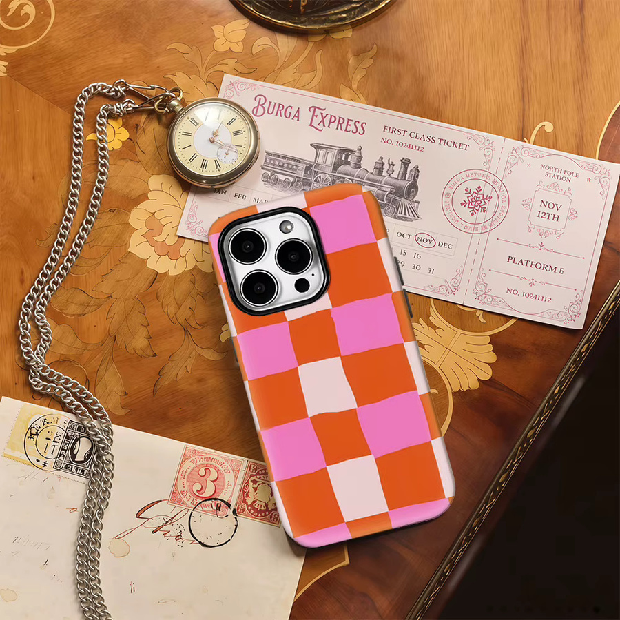 Potdemiel Gingham Handyhülle für iPhone in Rosa und Orange mit doppellagiger Rückseite - Bild 3