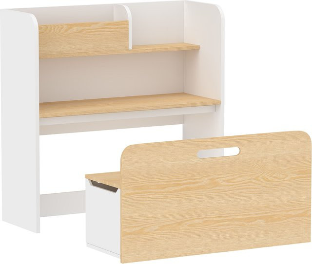Aosom AIYAPLAY 5-in-1 Kindertisch mit Sitzbank und Bücherregal, rollbare Aufbewahrungsbox, Platzsparendes Kindermöbel-Set für Kinder von 3-8 Jahren, Weiß - Bild 1