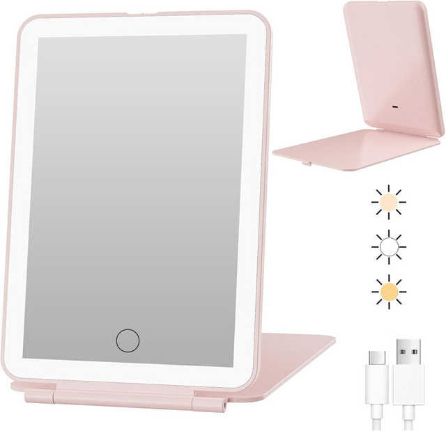 Cosmomiro LED-Reise-Make-up-Spiegel mit 3-Farben-Licht und Touchscreen, tragbarer Tisch-Kosmetikspiegel in Rosa, USB-wiederaufladbar - Bild 1