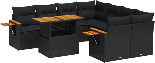 vidaXL 9-teilige Garten-Sofagarnitur in L-Form aus Poly-Rattan und Akazienholz mit Kissen, Schwarz - Bild 1