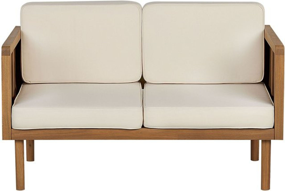 Beliani 2-Sitzer Gartensofa aus Akazienholz in Braun mit beigen Stoffauflagen und Armlehnen, Modernes Outdoor-Loungemöbel für Terrasse und Balkon, B/T/H: 122 x 65 x 76 cm - Bild 1