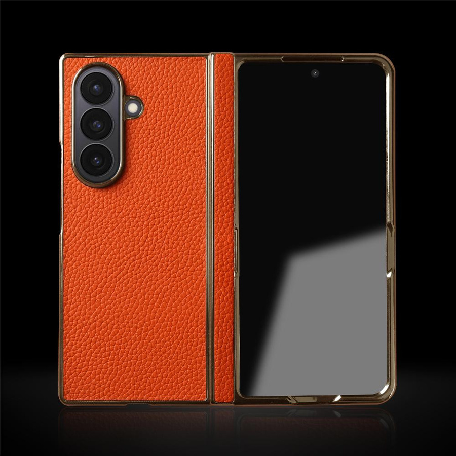 Lychee Echte Lederhülle für Samsung Galaxy Z Fold 7 6 4 3 in Orange - Bild 2