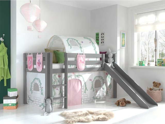 Spielbett Pino aus massivem Kiefer mit Rutsche und Textilset in Grau - Bild 1