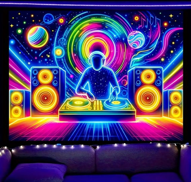 VIKAMA Neon DJ Wandteppich mit Abstract Starry Sky Design in Multicolour, B/H: 60 x 40 cm - Bild 1