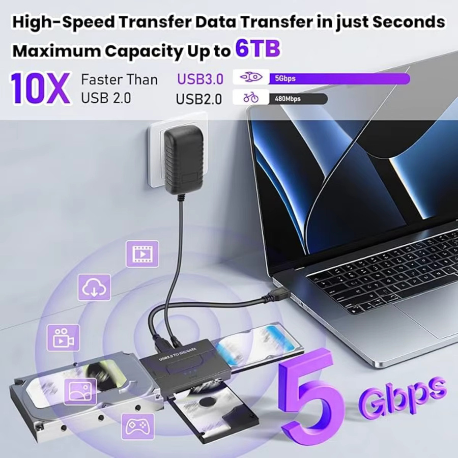 Congdi USB 3.0 zu IDE und SATA Adapter, Universeller Konverter für 2,5 und 3,5 Zoll HDD SSD, Schwarz - Bild 3