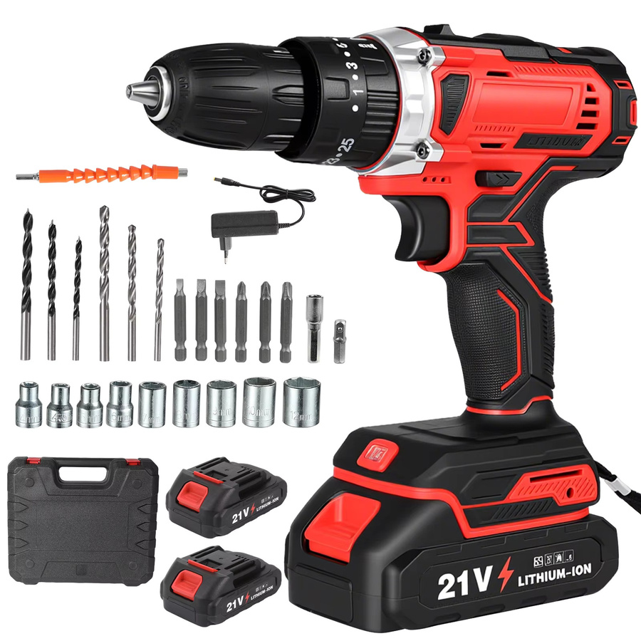 21V Akku-Bohrschrauber-Set 29-teilig in Rot mit 35Nm Drehmoment und 1-10mm Bohrfutter, kompatibel mit Makita 18V Akku - Bild 1