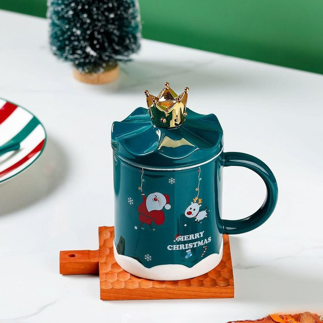 Yiran Furniture Weihnachtsbecher aus Keramik mit Deckel, Cartoon Design, Mehrfarbig, 350 ml - Bild 1