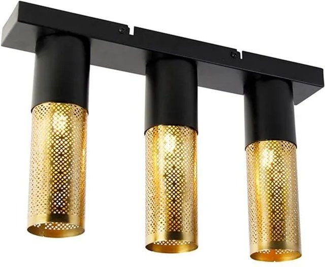 QAZQA Industrielle Deckenlampe aus Stahl in Schwarz und Gold mit 3 E27 Leuchten für Wohnzimmer, Schlafzimmer und Flur - Bild 1