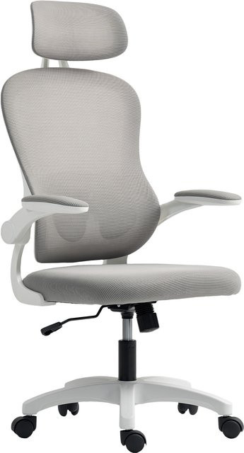 HOMCOM Ergonomischer Bürostuhl mit hochklappbaren Armlehnen und Kopfteil, grauer Schreibtischstuhl mit Netzbespannung und Wippfunktion, Aosom - Bild 1