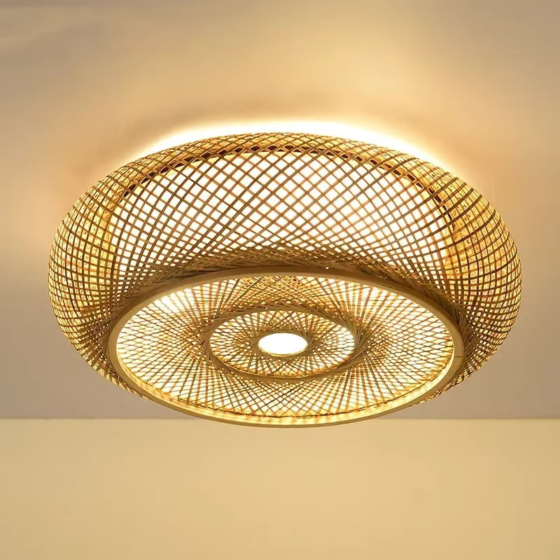 JOYINLED Rattan Unterputz Deckenleuchte im Boho Design aus Holz, Rund, Warmweiß - Bild 2