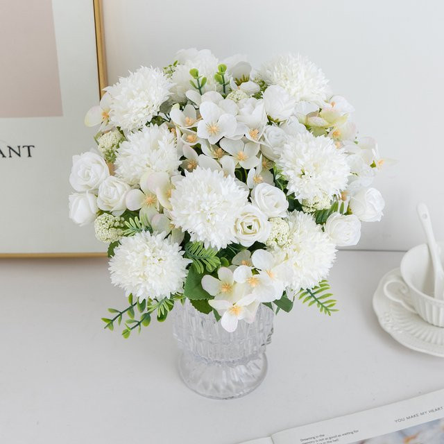 ZQCY Künstliche Blumen Set aus Seide in Weiß mit Rosen und Chrysanthemen für Hochzeit, Party und Dekoration - Bild 1