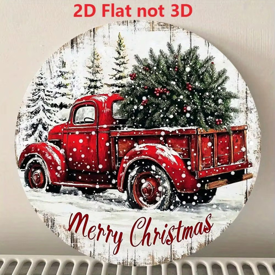Rundes Vintage-Aluminiumschild von CIFBUY mit rotem LKW und Weihnachtsbaum als rustikale Dekoration, Durchmesser: 20,3 cm - Bild 3