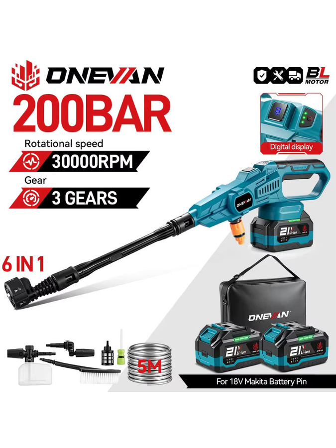 ONEVAN 6in1 Akku Hochdruckreiniger Pistole Blau, bürstenlos, 200 Bar, 3500W, kompatibel mit Makita 18V Akku - Bild 6