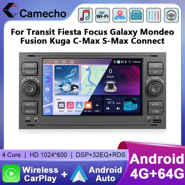 Camecho Auto Radio mit 4 GB RAM und 64 GB Speicher für Ford Focus 2, Mondeo, S-Max, C-Max, Kuga, Fiesta und Fusion in Schwarz mit drahtlosem CarPlay und Android Auto - Bild 1