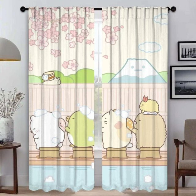 Sumikko Gurashi Küchenvorhänge 2er-Set, halbtransparente Verdunkelungsvorhänge mit Grafik-Design, Mehrfarbig, Breite: 50 cm, Höhe: 70 cm - Bild 1