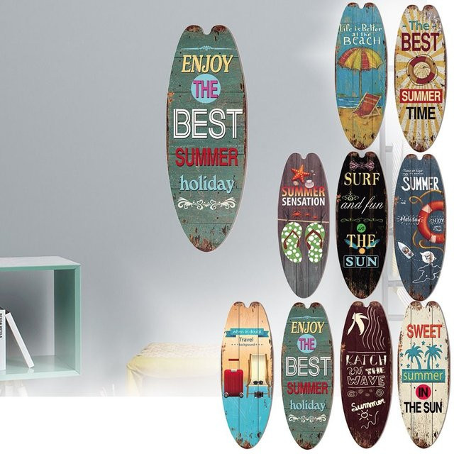 Hängendes Holzschild in Surfbrett-Form für Strand- und Bar-Dekoration, mehrfarbig, B: 45 cm, H: 16 cm - Bild 1