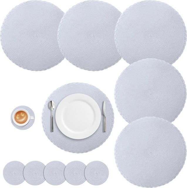 Set aus 6 runden geflochtenen Tischsets und Untersetzern von YTO Home 1, weiß, rutschfest und hitzebeständig - Bild 1
