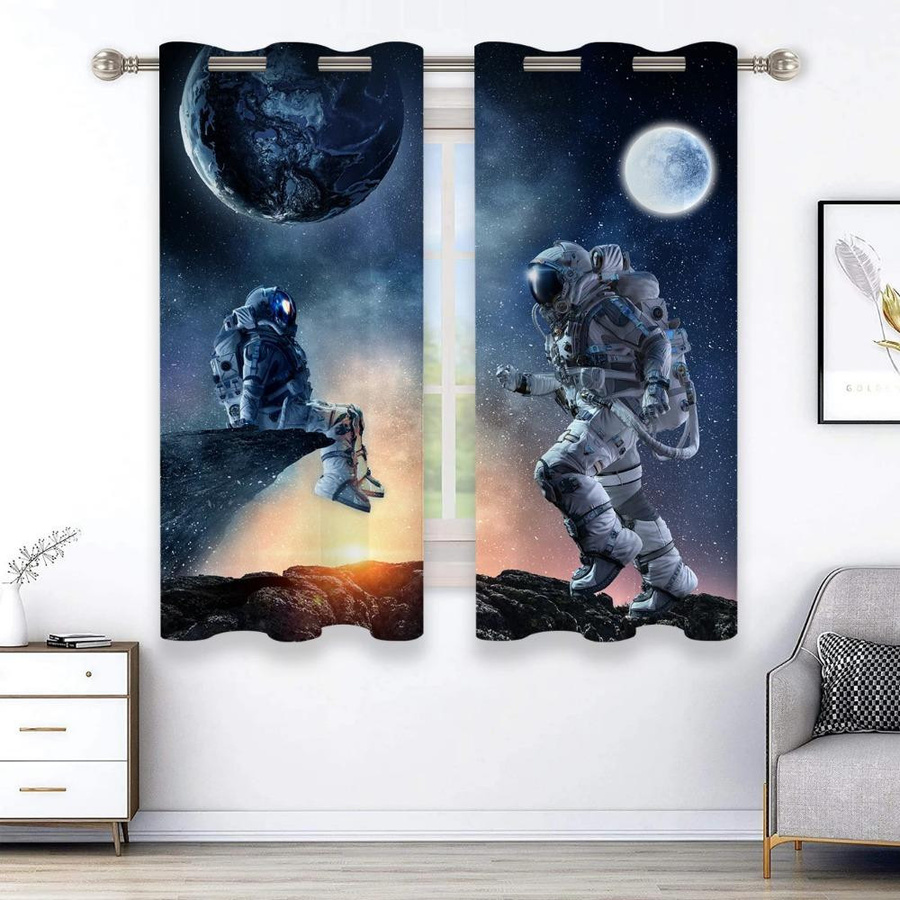 2er-Set Yiran Furniture Vorhänge mit Galaxie Sternenhimmel Planet Astronaut 3D-Digitaldruck, halbtransparent, Mehrfarbig, B: 60 cm, H: 50 cm pro Stück - Bild 2