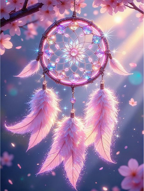 EverShine 5D-Diamantgemälde Traumfänger mit Kirschblüten und Federn als DIY Mosaik-Stickerei für deine Heimdekoration - Bild 1