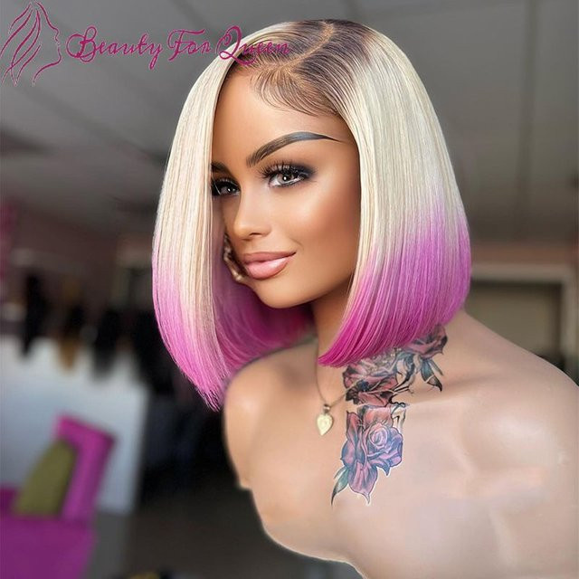 Nfhrsoe Bob-Schnitt-Perücke, Honigblond, Ombre-Rosa, Echthaar, Spitze-Front - Bild 1