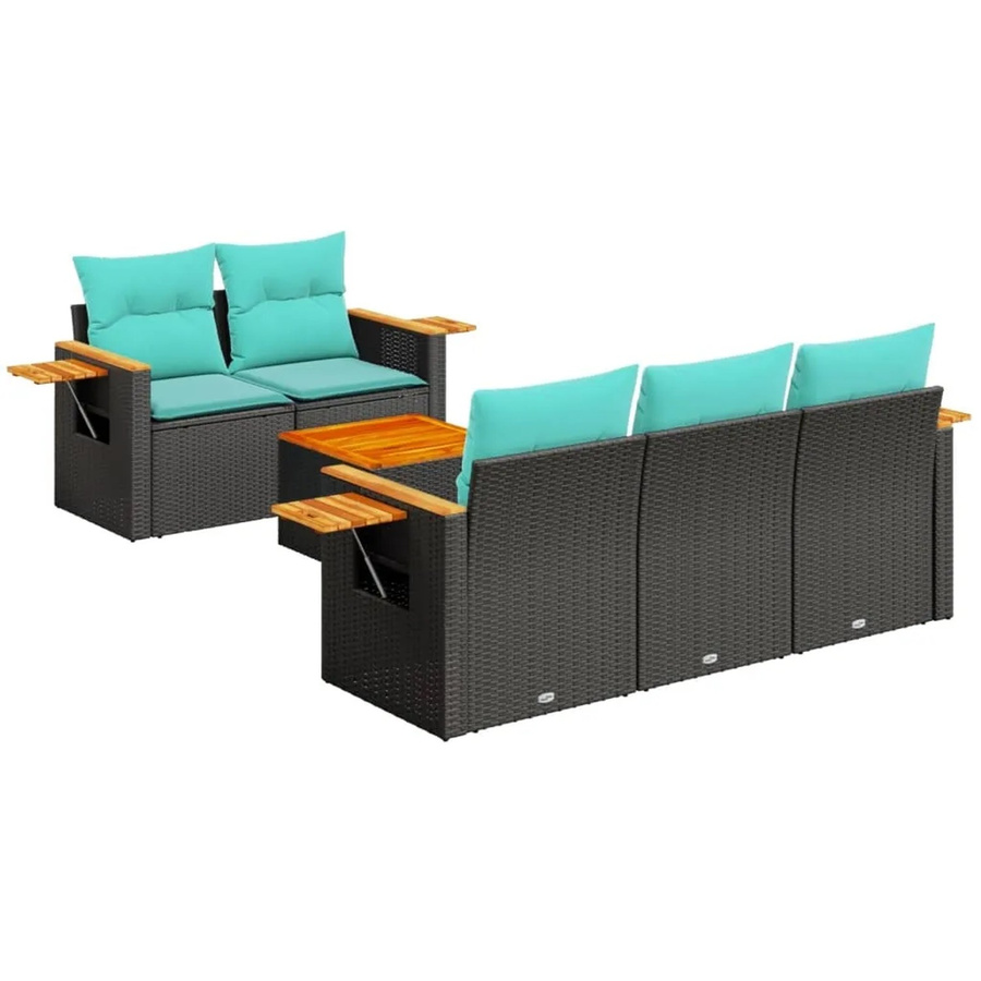 vidaXL 6-teilige Garten-Sofagarnitur aus Poly-Rattan und Akazienholz in Schwarz mit blauen Kissen - Bild 2