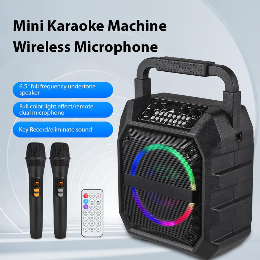 Andoer Mini Karaoke Maschine mit 2 drahtlosen Bluetooth Mikrofonen und LED-Lichteffekten in Schwarz - Bild 4