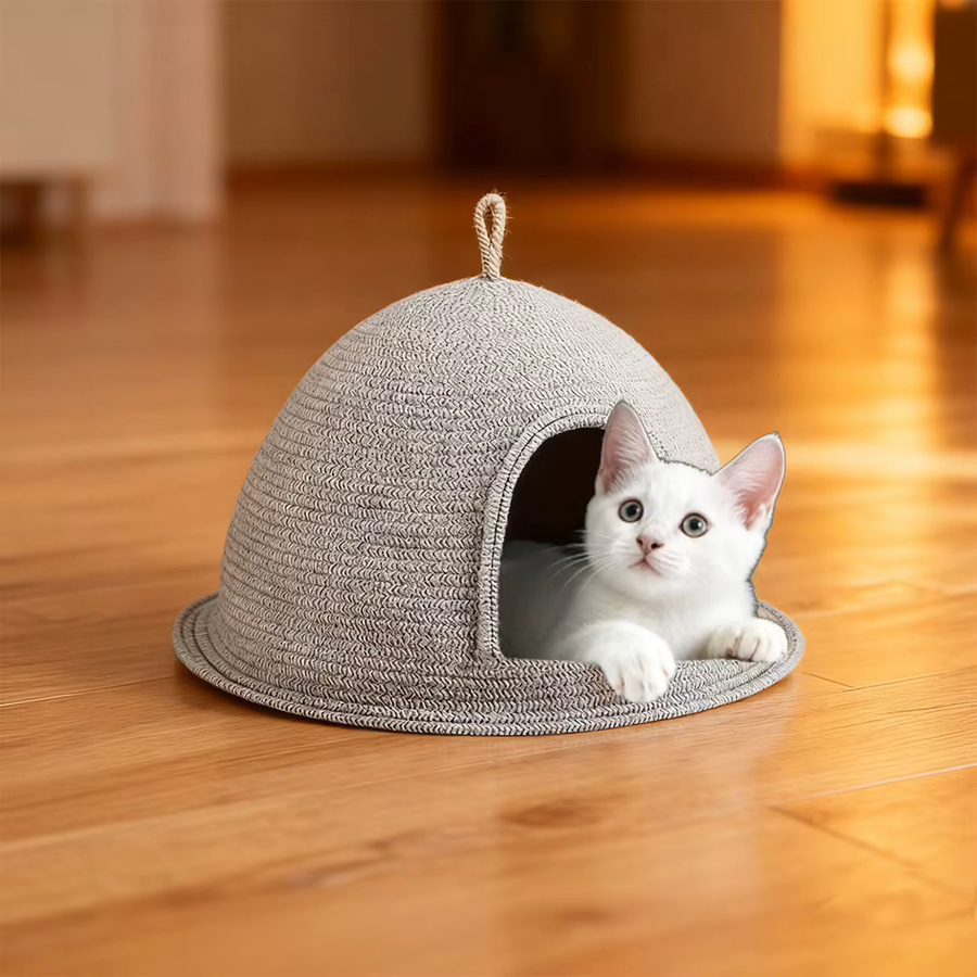 Katzenbett CWV als Höhle aus Leinen-Baumwolle mit Kratzfunktion und Griff, Grau - Bild 4