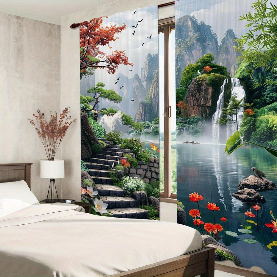 Yiran Furniture 2er-Set Zeitgenössische Landschaftsvorhänge mit Wasserfall-Motiv, Lichtfilternd und Dekorativ, Polyester, Mehrfarbig, Breite: 100 cm, Höhe: 130 cm - Bild 1
