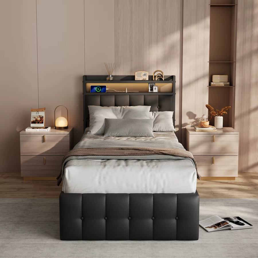 Anajqaqia Polsterbett mit hydraulischem Stauraum und Kopfteil mit Regal, Einzelbett in Schwarz, B/T: 90 x 200 cm - Bild 3