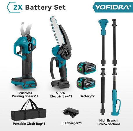 YOFIDRA 3 in 1 Akku-Gartengerät mit Teleskopstange: Bürstenlose elektrische Kettensäge und Astschere für Makita 18V Akku, Blau