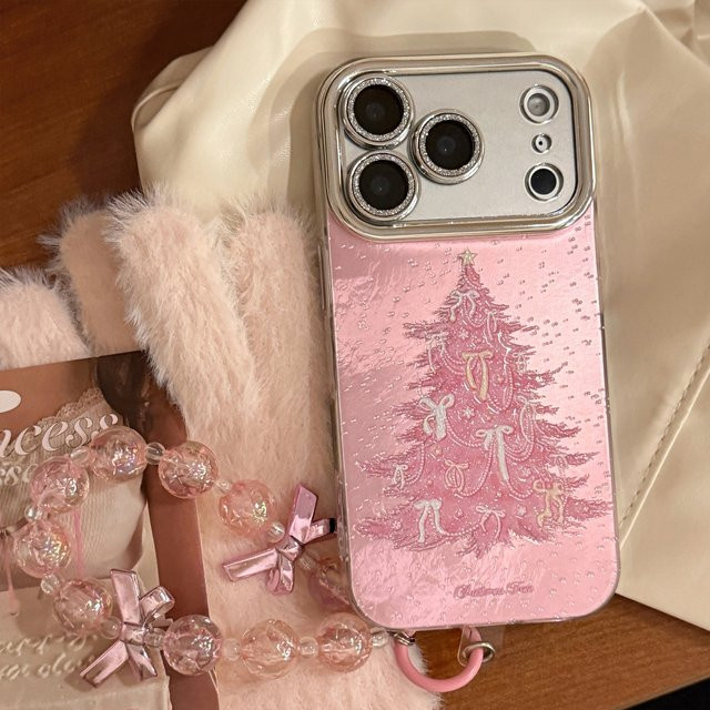 MUQGEW Handyhülle mit Glitzer Weihnachtsbaum und Kette in Rosa für iPhone 11 bis iPhone 17 Pro Max, stoßfeste Hartschale - Bild 1