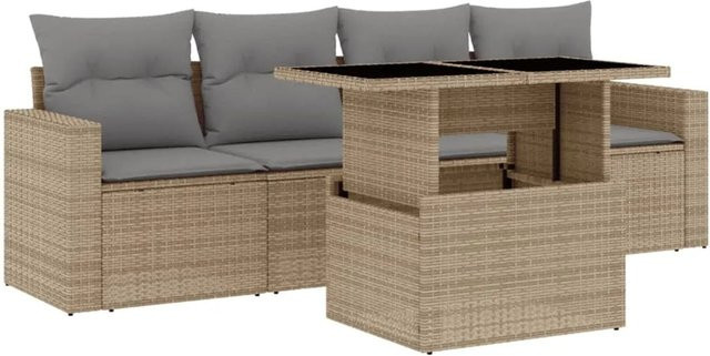 vidaXL 5-tlg Garten-Sofagarnitur aus Poly-Rattan in Beige mit Kissen und Gartentisch - Bild 1