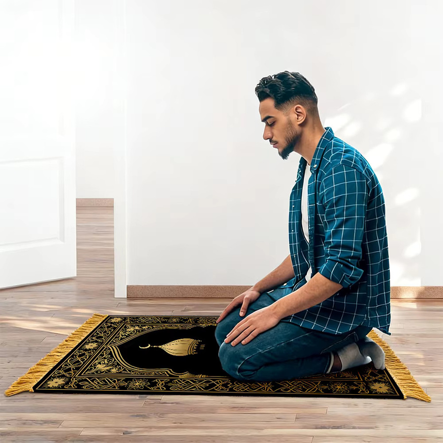 VIKAMA Gebetsteppich mit Kuppel-Design in Schwarz-Gold, tragbare orientalische Salah-Matte für Erwachsene - Bild 2