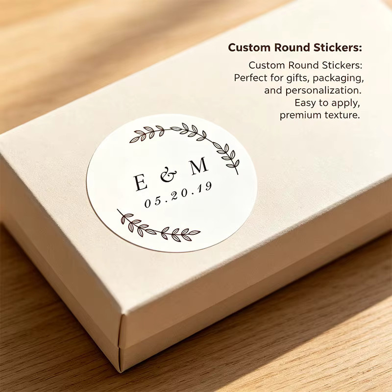 Personalisierte Blattkranz-Etiketten für Geschenkboxen, runde Aufkleber mit Doppelmonogramm und individuellem Datum im minimalistischen Stil, Farbe: Weiß, Durchmesser: 15,0 cm - Bild 4