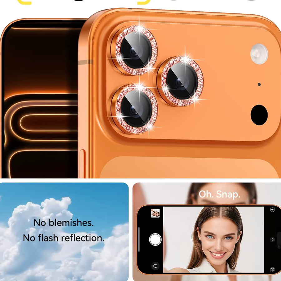 NNBILI 3er-Set für iPhone 17 16 15 14 13 Pro Max mit Glitzer Metall Bling-Ring-Cover und 9H kratzfestem Panzerglas in Orange - Bild 4