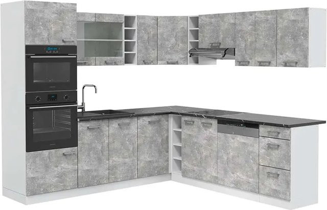 Vicco R-Line Eckküche in Beton-Optik und Weiß, modern und matt, Anthrazit/Weiß/Grau, B/T/H: 237 x 247 x 81,6 cm - Bild 1