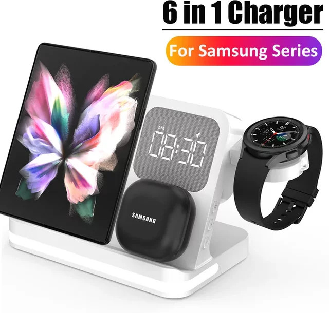Samsung 6-in-1 kabellose Schnellladestation mit Ständeruhr für Galaxy Watch und Buds in Schwarz oder Weiß - Bild 1