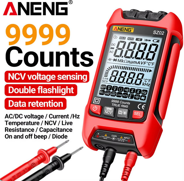 ANENG SZ02 Digitales Multimeter mit 9999 Anzeige für AC/DC Spannung, Strom, Temperatur, Kapazität und NCV Null-Leiter-Tester mit HD-Hintergrundbeleuchtung - Bild 1