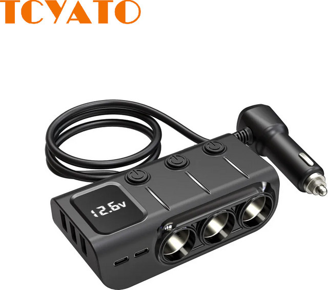 TCYATO Auto-Zigarettenanzünder-Adapter mit 3 USB-Buchsen inklusive USB-C, LED-Schnellladegerät für 12 V und 24 V, schwarz, ideal für iPhone, GPS und Dashcam - Bild 1